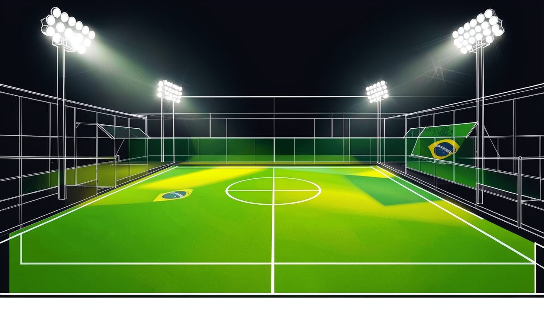 A vibrant green football pitch under stadium floodlights, with the Brazilian flag colors yellow and green subtly reflected across the grass