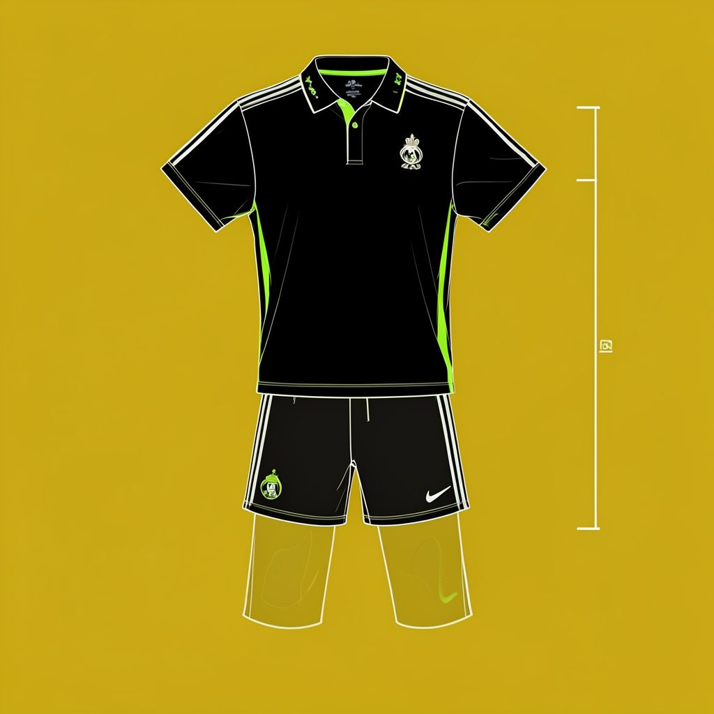 Black and fluorescent green Real Madrid training set, folded neatly on a dark surface