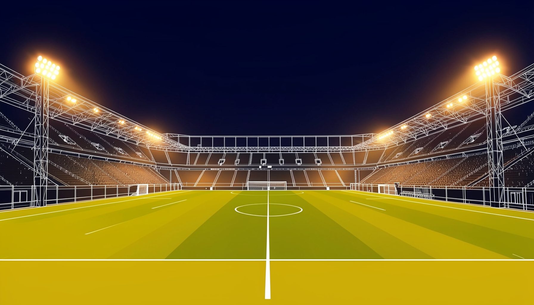 A wide atmospheric shot of a Spanish football stadium at dusk, warm amber floodlights glowing against deep navy sky, empty pitch with faint green stripes