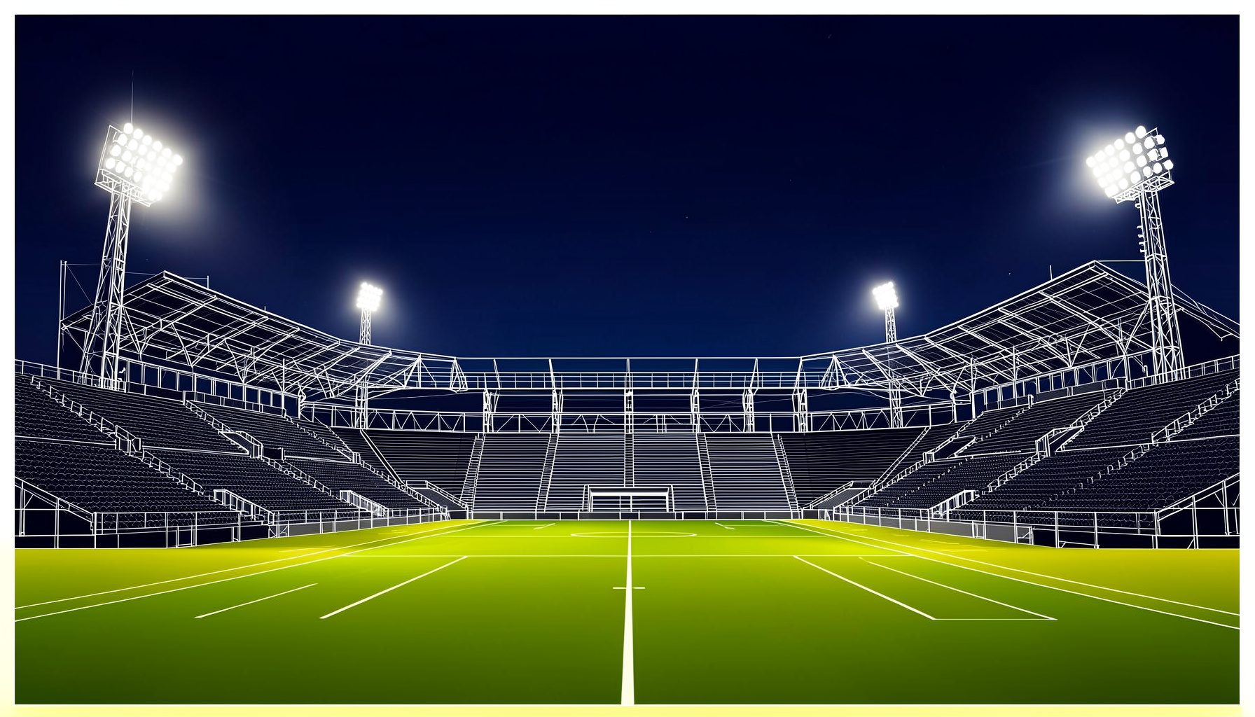 A wide atmospheric shot of a football stadium at dusk, floodlights glowing against a deep navy sky, green pitch below, empty stands in shadow