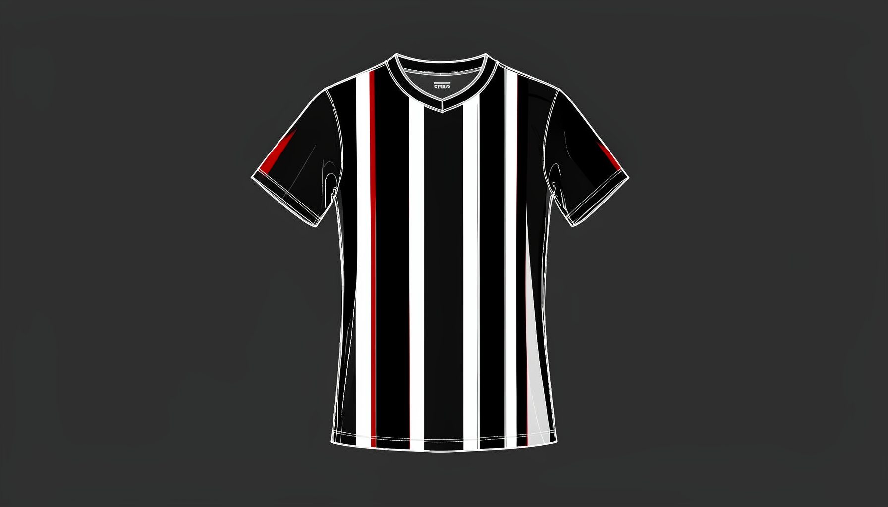 A technical blueprint-style drawing of an Italian Serie A football jersey, featuring bold vertical stripes in black and white with subtle red accents, set against a dark charcoal background.