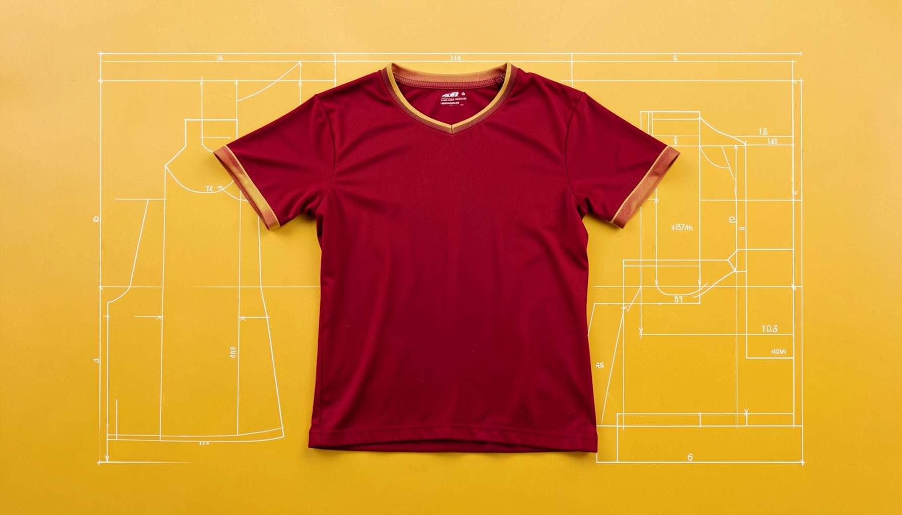 A softly lit technical flat-lay of a women's football jersey in deep crimson with subtle gold trim, laid across a warm cream surface, conveying a clean retail presentation.
