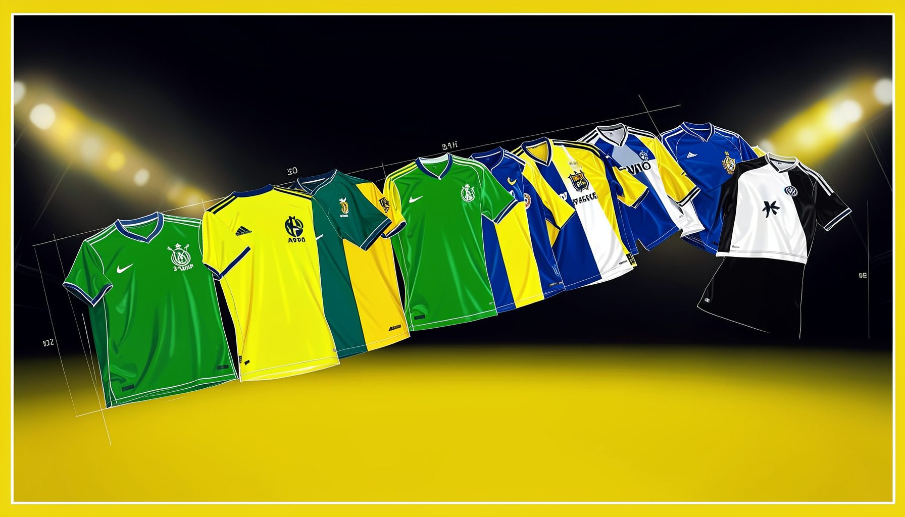A wide banner showing a collage of national team football jerseys in vivid greens, yellows, blues, and whites, arranged diagonally across a dark background with subtle stadium-light glow.