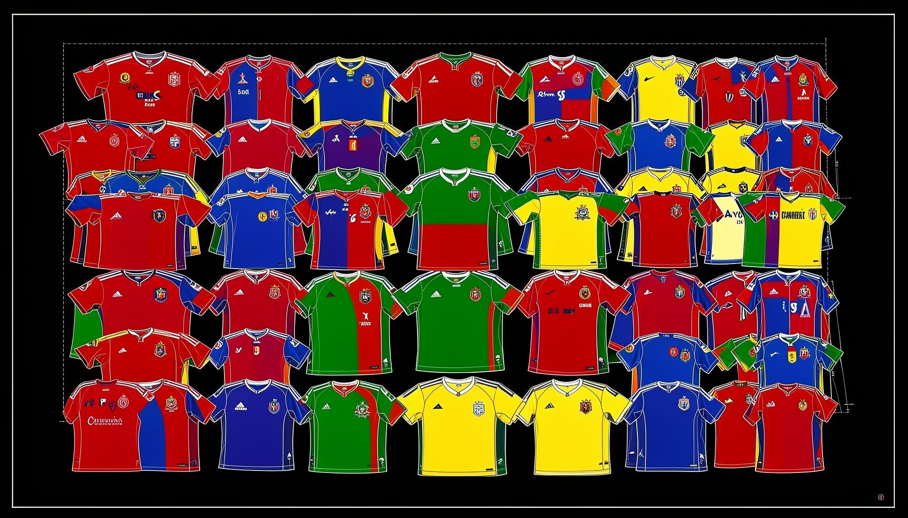 A dense grid of colorful replica football jerseys in red, blue, green, yellow, and white, laid out flat with visible stitching and team crests, against a dark background