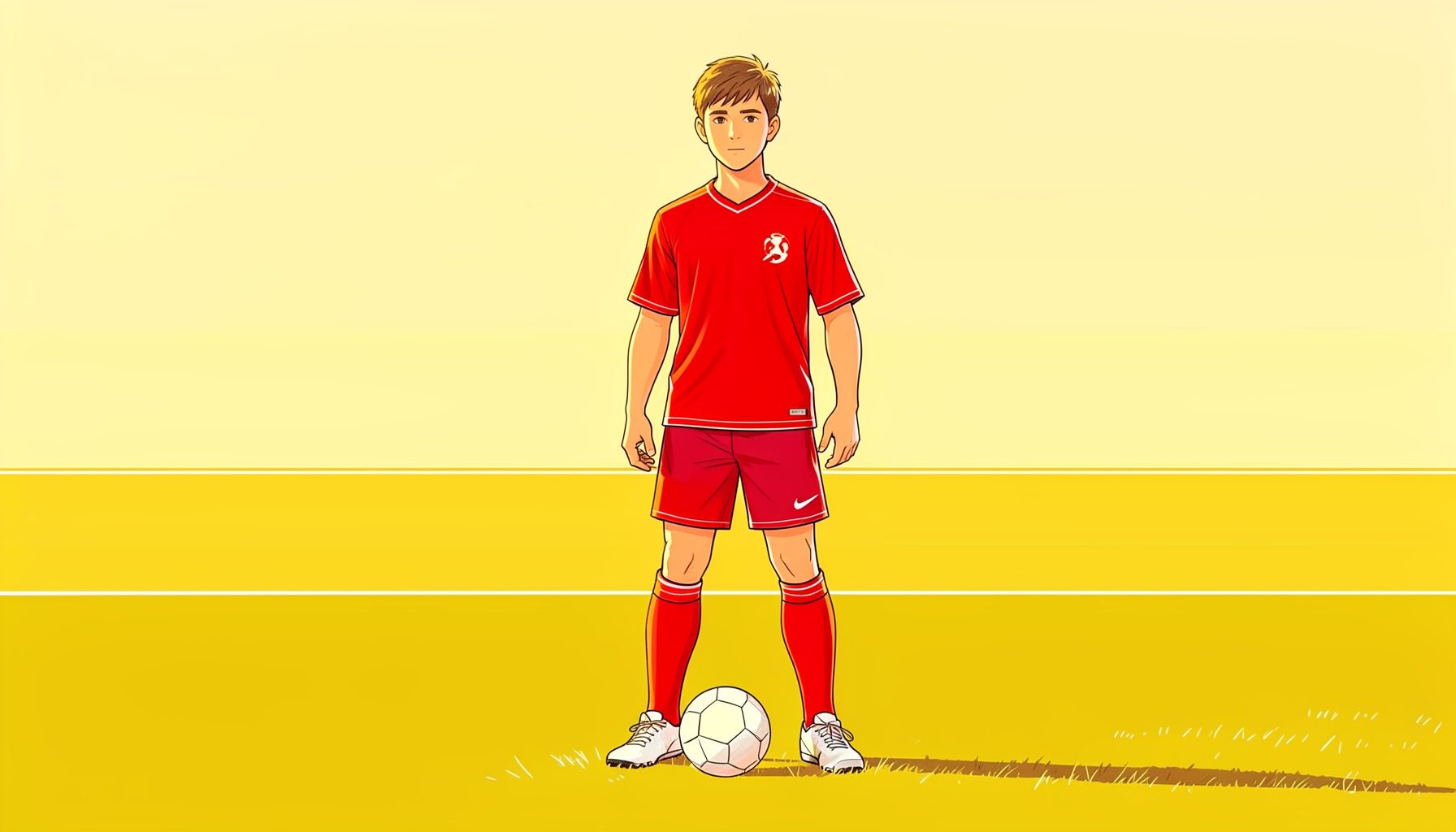 A young football fan wearing a bright red replica jersey, standing on a sunlit grass pitch with a ball at their feet, warm golden afternoon light